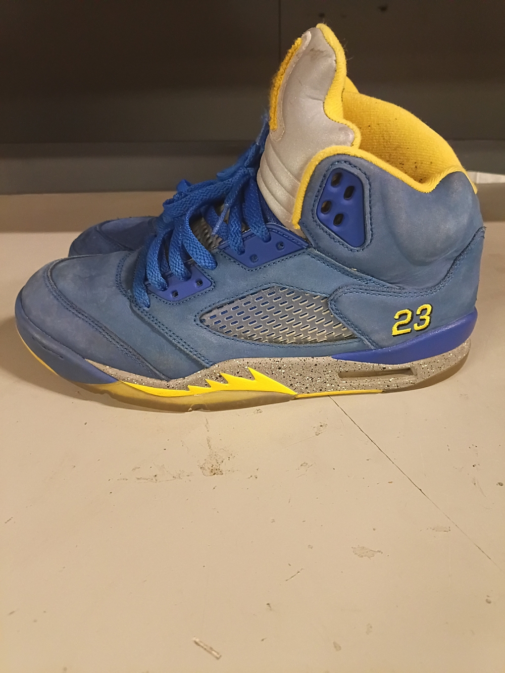 Jordan Royal Blue and Yellow High-Top Sneaker with Speckled Midsole